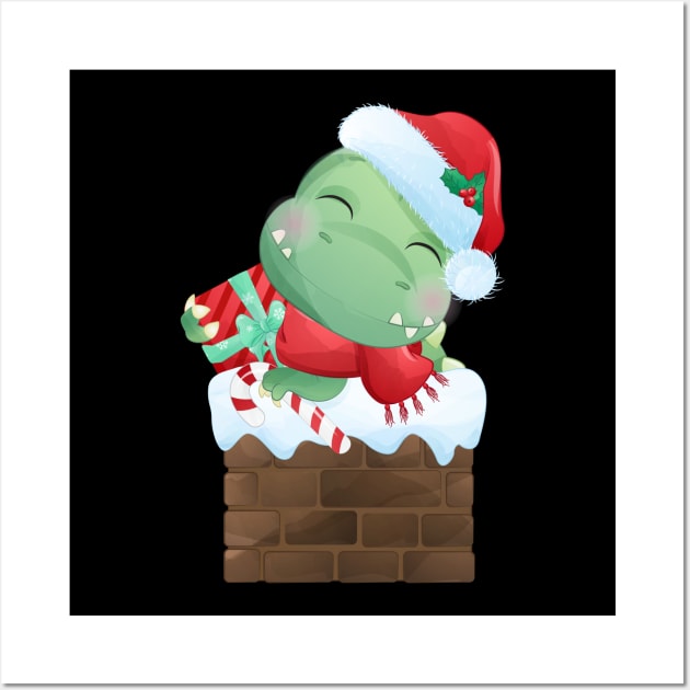 Cute Christmas T Rex Dinosaur Lying On Chimney Wall Art by P-ashion Tee